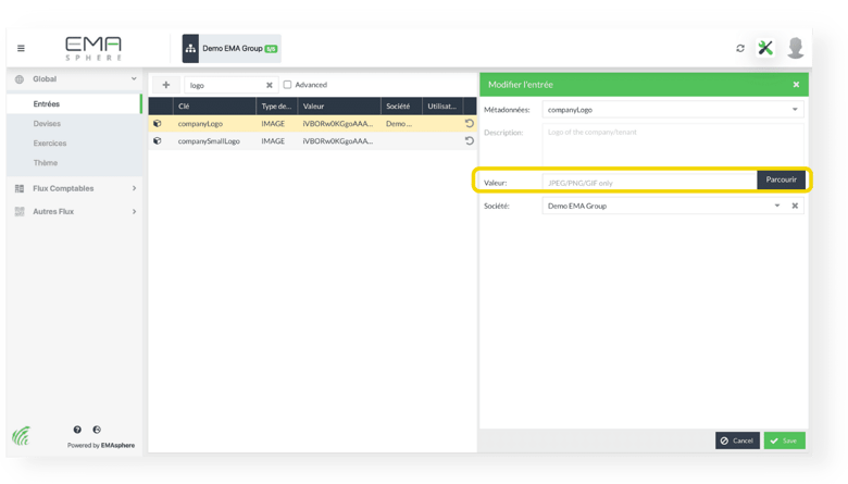 Écran de changement du logo dans EMAsphere, sélection de votre logo au format compatible