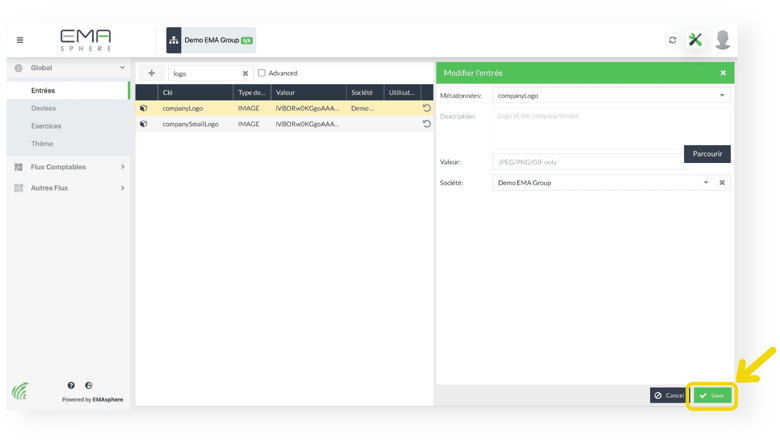 Validation du changement de  logo depuis l’écran de changement du logo dans EMAsphere après sélection de votre logo au format compatible